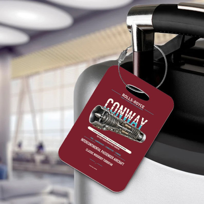 CONWAY Luggage Tag design on dark red luggage tag