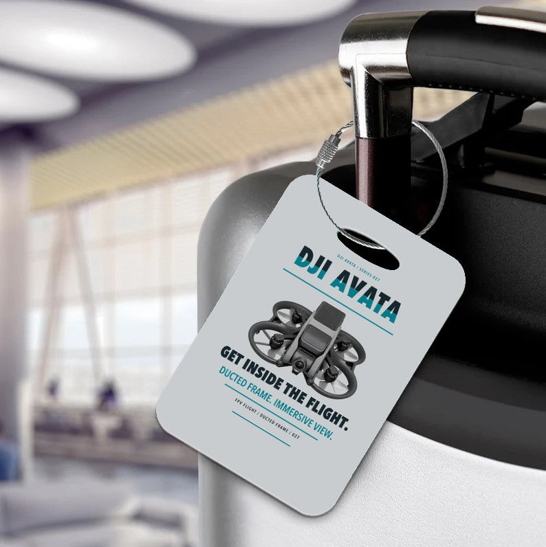DJI Avata Luggage Tag design on light gray luggage tag