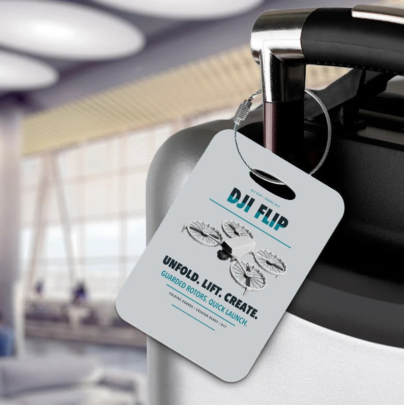 DJI Flip Luggage Tag design on light gray luggage tag
