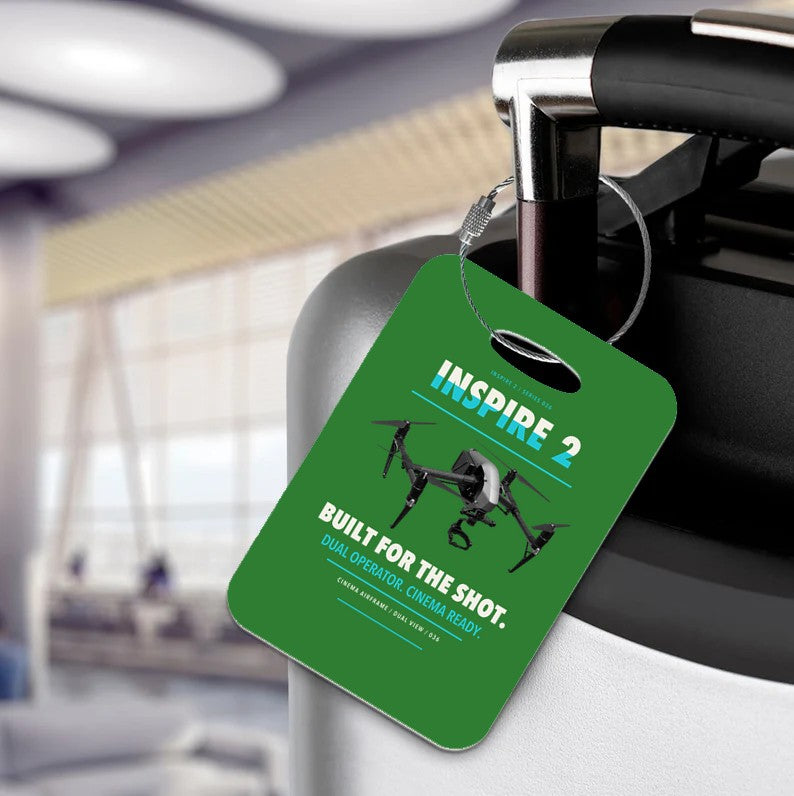 DJI Inspire 2 Luggage Tag design on green luggage tag