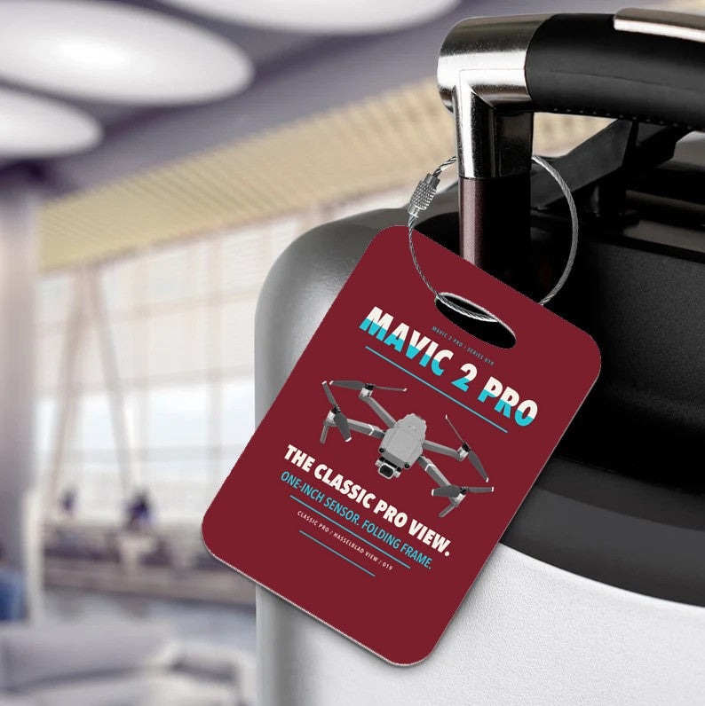 DJI Mavic 2 Pro Luggage Tag design on dark red luggage tag