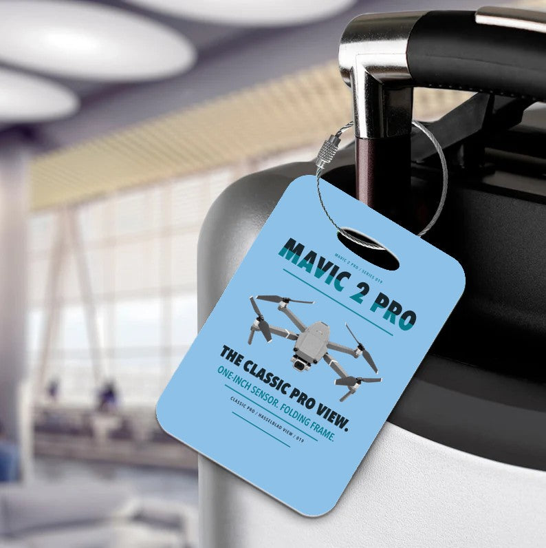 DJI Mavic 2 Pro Luggage Tag design on light blue luggage tag