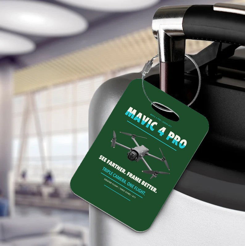 DJI Mavic 4 Pro Luggage Tag design on dark green luggage tag