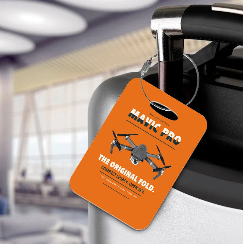 DJI Mavic Pro Luggage Tag design on orange luggage tag