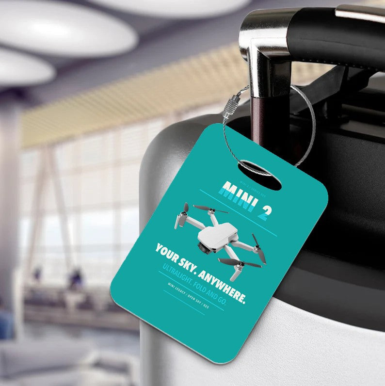 DJI Mini 2 Luggage Tag design on turquoise luggage tag