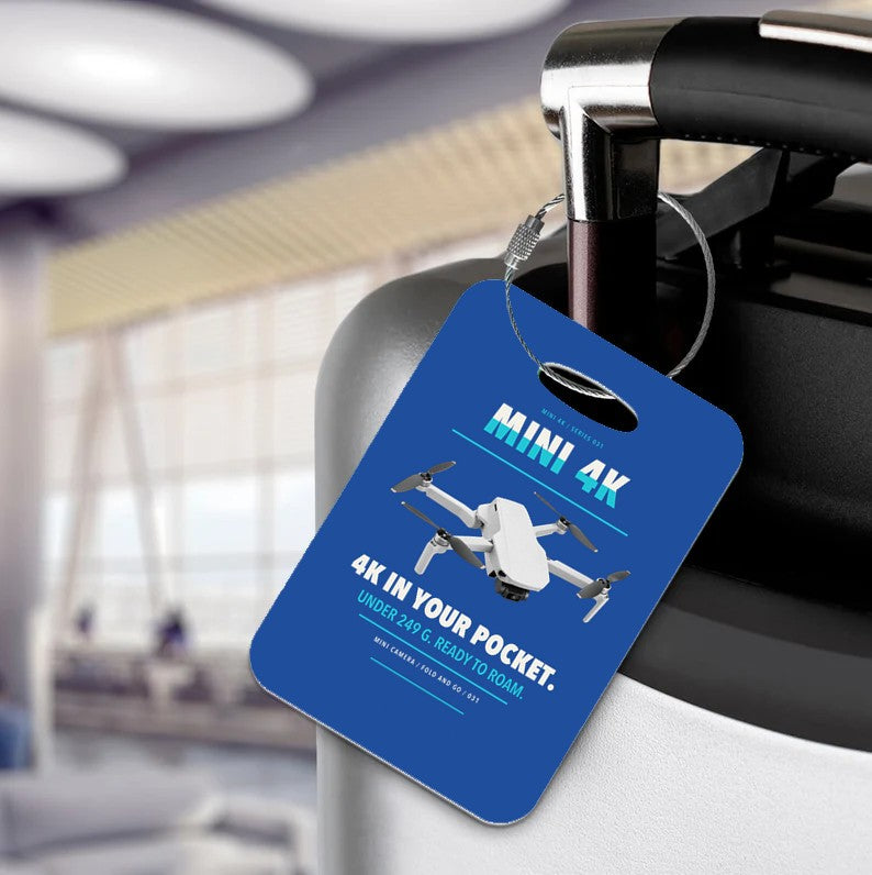 DJI Mini 4K Luggage Tag design on blue luggage tag