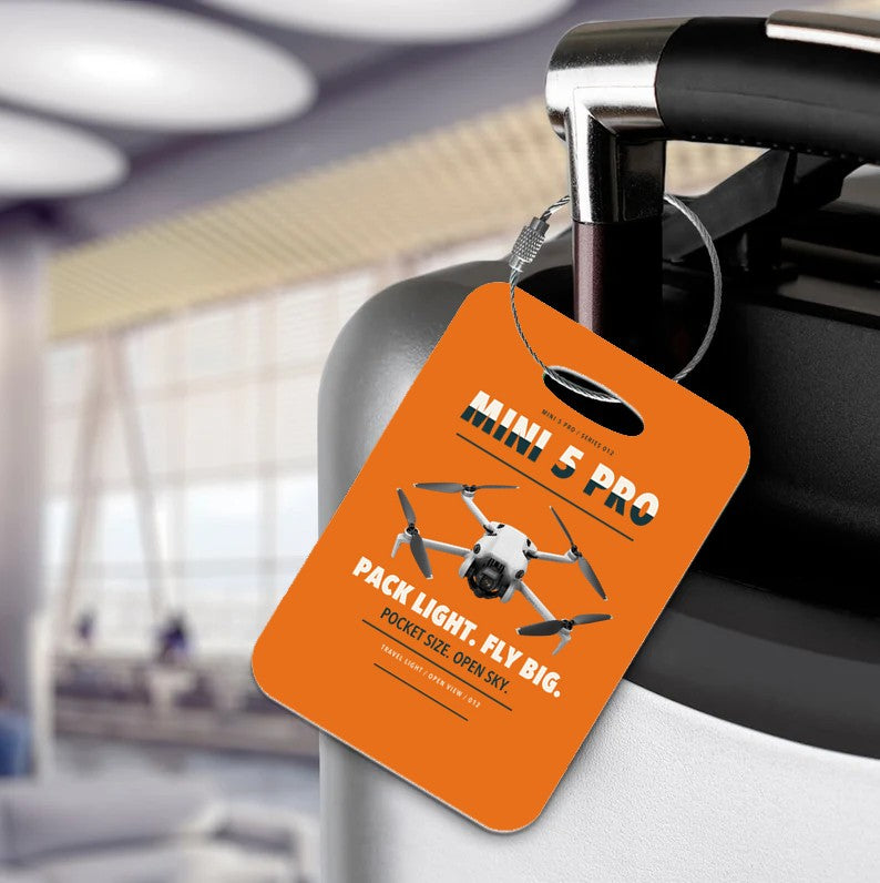 DJI Mini 5 Pro Luggage Tag design on orange luggage tag