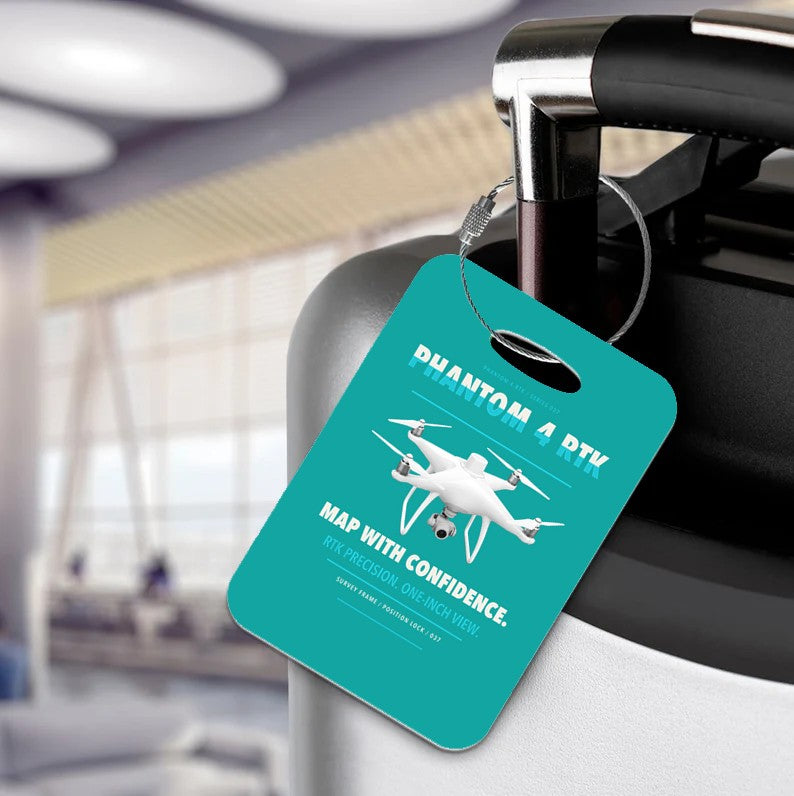 DJI Phantom 4 RTK Luggage Tag design on turquoise luggage tag
