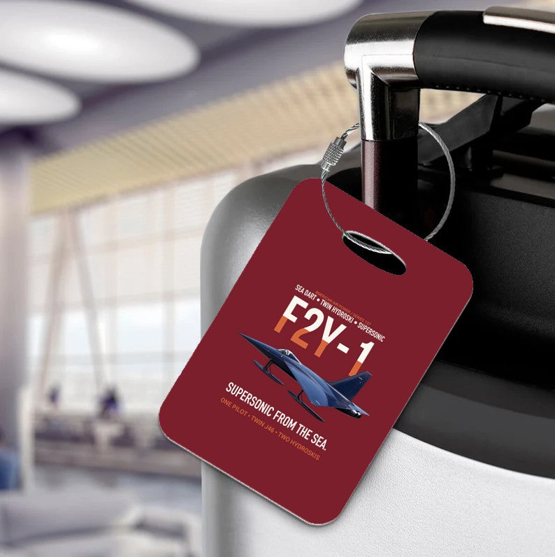 F2Y-1 SEA DART Luggage Tag design on dark red luggage tag
