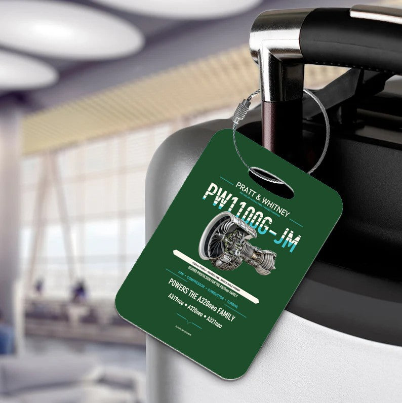 PW1100G-JM Luggage Tag design on dark green luggage tag