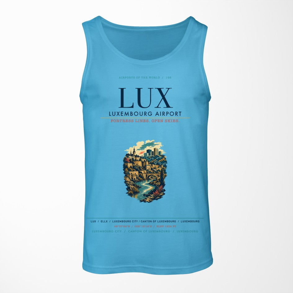 Luxembourg Airport (LUX) design on sky blue tank top