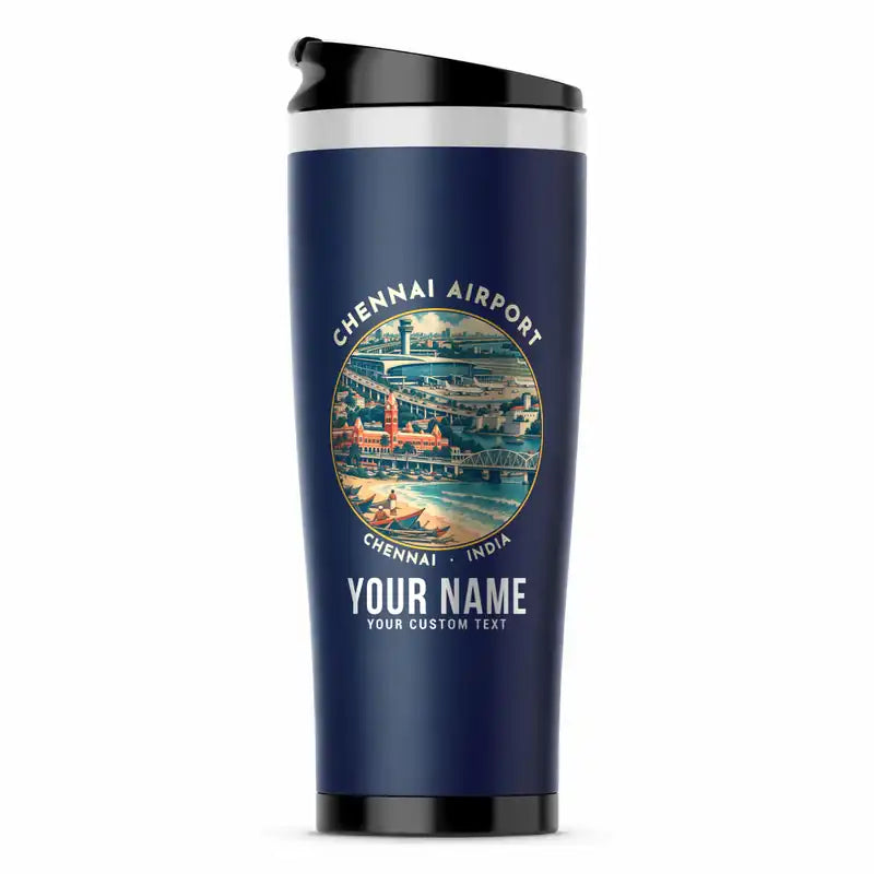 Chennai International Airport (MAA) Travel Mugs - Badge + Name - Stainless Steel (No Holder) - Dark Blue