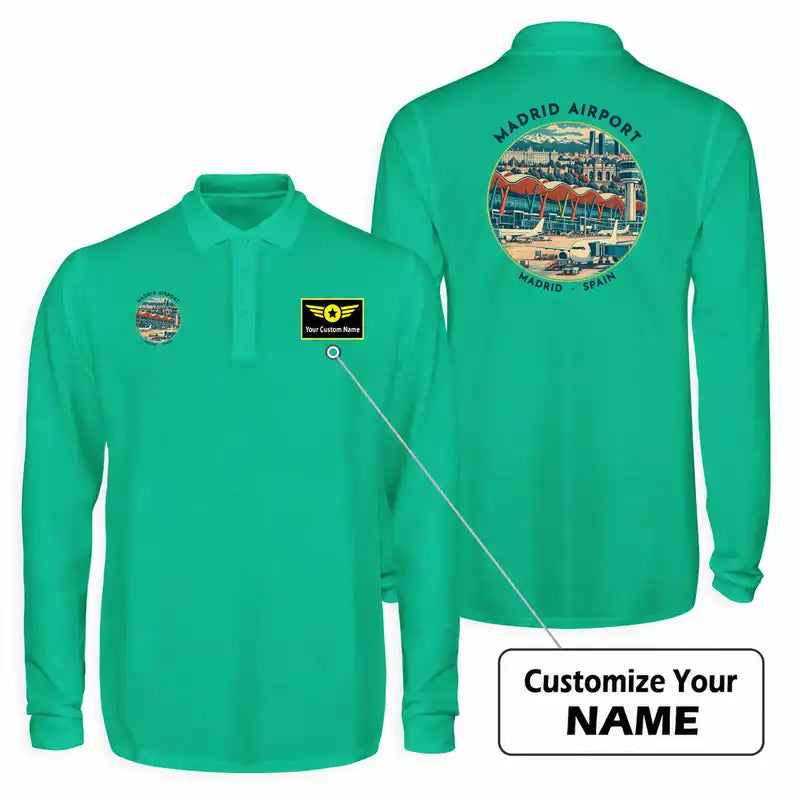 Adolfo Suarez Madrid-Barajas Airport (MAD) Premium Polo T-Shirts - Badge + Name - Long Sleeve - Green