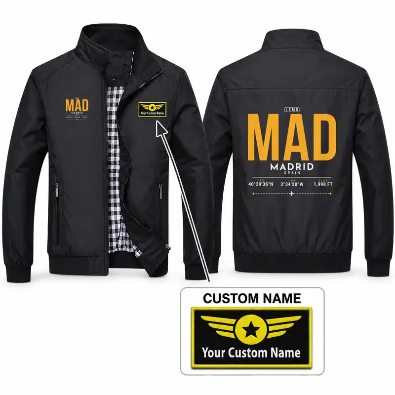 Adolfo Suarez Madrid-Barajas Airport (MAD) Stylish Jackets - Stand Collar - Tag + Name - Black