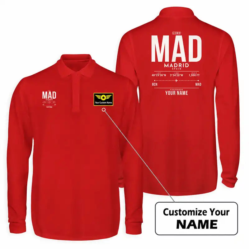 Adolfo Suarez Madrid-Barajas Airport (MAD) Premium Polo T-Shirts - Tag Custom - Long Sleeve - Red
