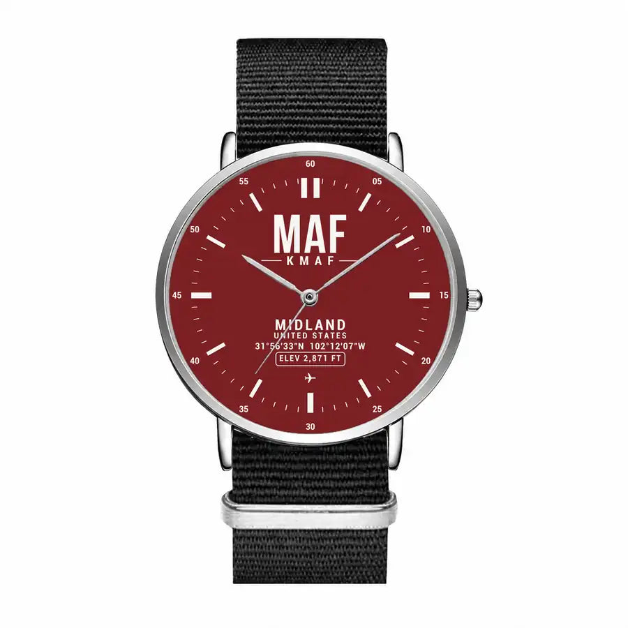 Midland International Air and Space Port (MAF) Aviator Watches - Classic - Dark Red - Slim Leather - Silver & Black Nylon Strap