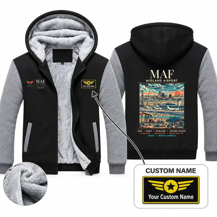 Midland International Air and Space Port (MAF) Zipped Sweatshirts - Poster + Name - Black & Gray