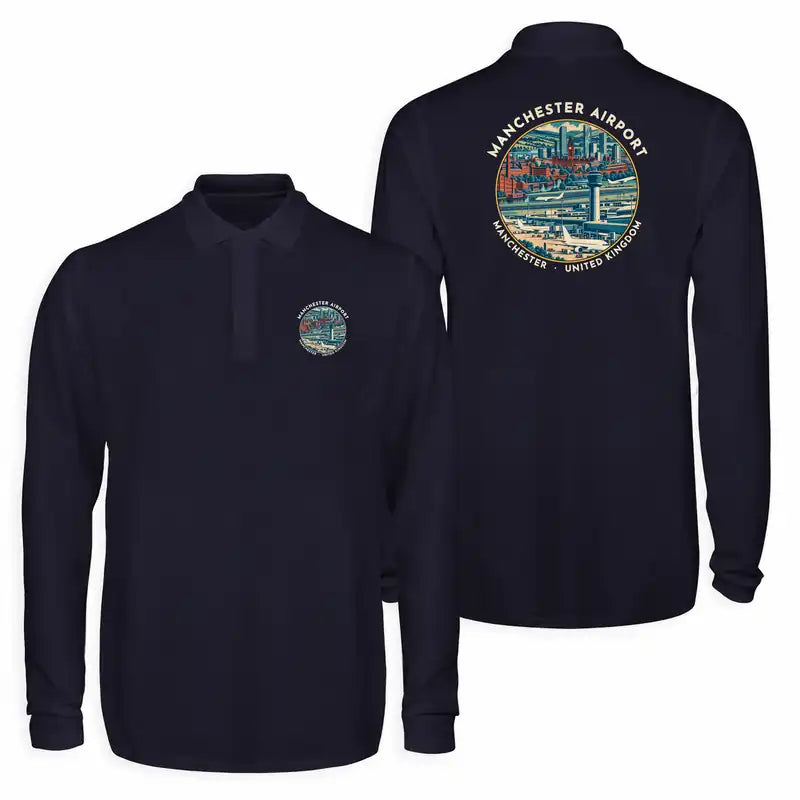 Manchester Airport (MAN) Premium Polo T-Shirts - Badge - Long Sleeve - Dark Blue