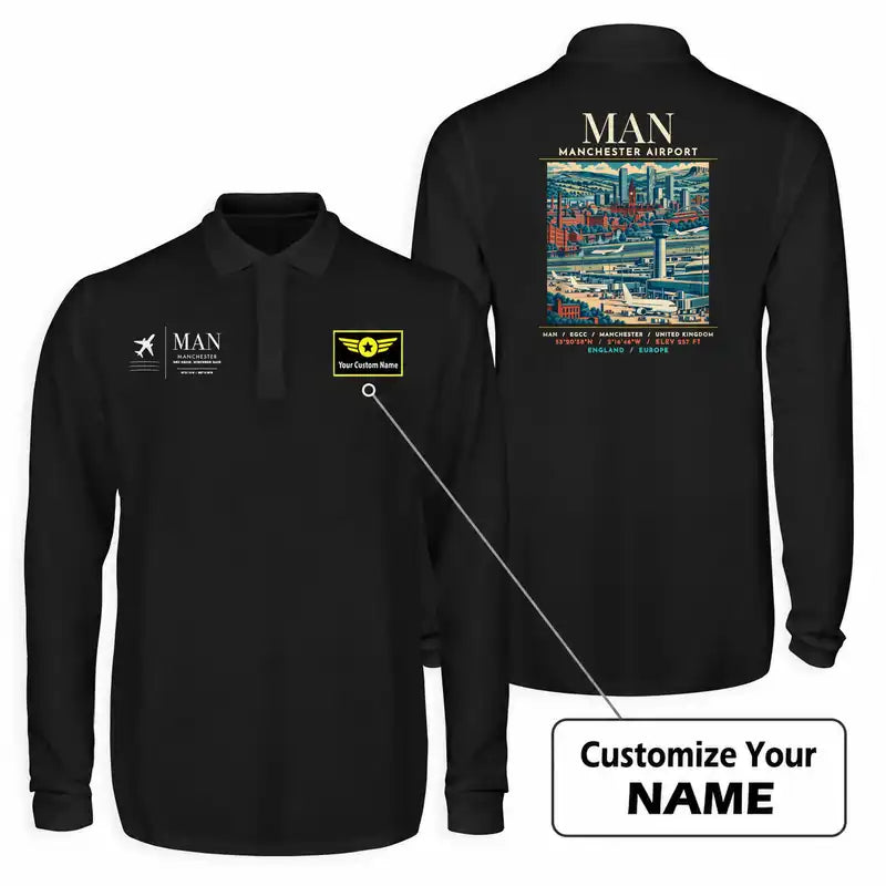Manchester Airport (MAN) Premium Polo T-Shirts - Poster + Name - Long Sleeve - Black
