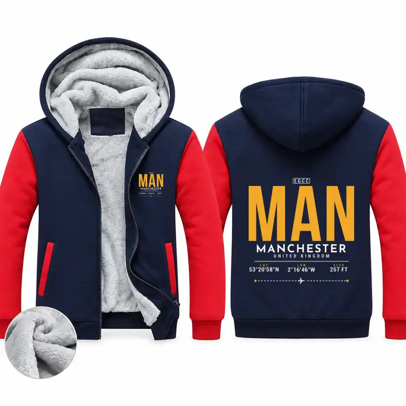 Manchester Airport (MAN) Zipped Sweatshirts - Tag - Navy & Red