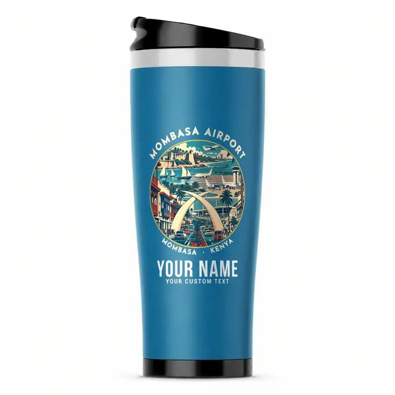 Moi International Airport (MBA) Travel Mugs - Badge + Name - Stainless Steel (No Holder) - Light Blue