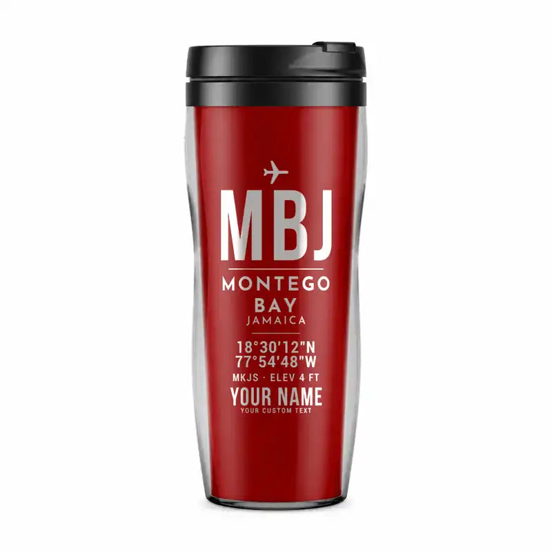 Sangster International Airport (MBJ) Travel Mugs - ID Tag + Name - Plastic (No Holder) - Red
