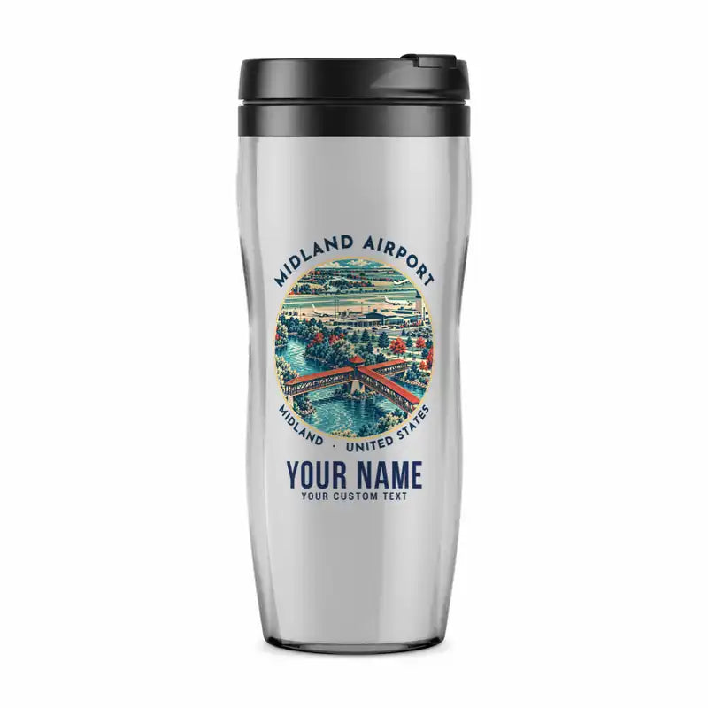International Airport (MBS) Travel Mugs - Badge + Name - Plastic (No Holder) - Light Gray