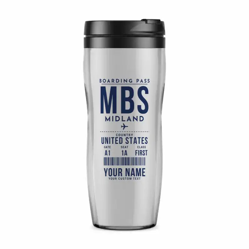 International Airport (MBS) Travel Mugs - Boarding Pass + Name - Plastic (No Holder) - Light Gray