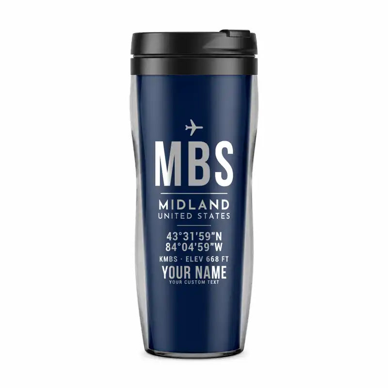 International Airport (MBS) Travel Mugs - ID Tag + Name - Plastic (No Holder) - Dark Blue