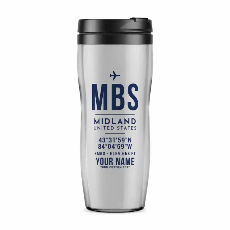 International Airport (MBS) Travel Mugs - ID Tag + Name - Plastic (No Holder) - Light Gray