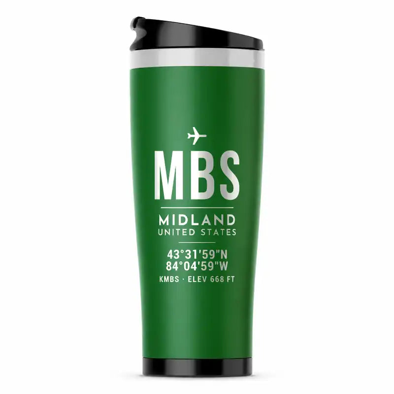 International Airport (MBS) Travel Mugs - ID Tag - Stainless Steel (No Holder) - Green
