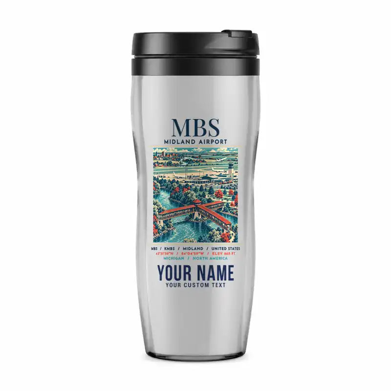 International Airport (MBS) Travel Mugs - Poster + Name - Plastic (No Holder) - Light Gray