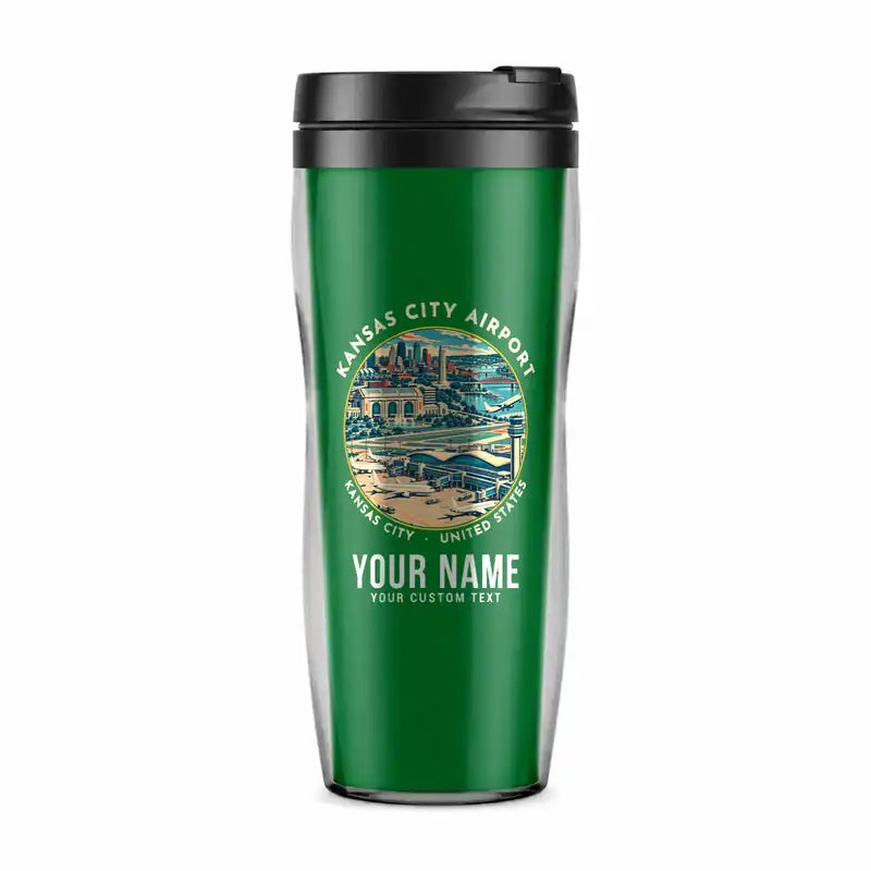 Kansas City International Airport (MCI) Travel Mugs - Badge + Name - Plastic (No Holder) - Green