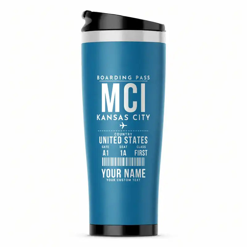 Kansas City International Airport (MCI) Travel Mugs - Boarding Pass + Name - Stainless Steel (No Holder) - Light Blue