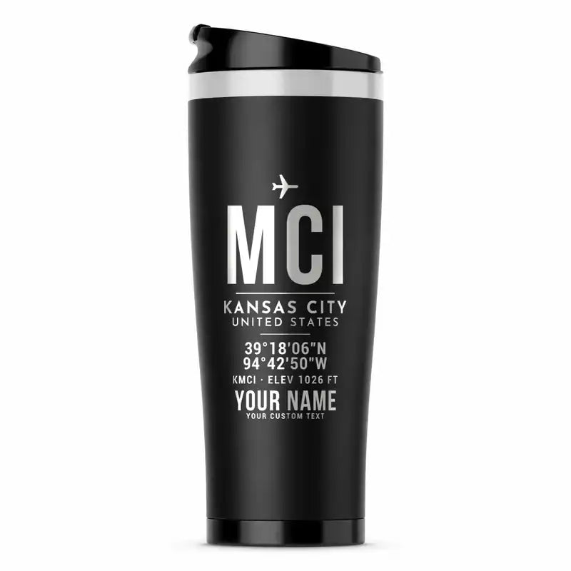Kansas City International Airport (MCI) Travel Mugs - ID Tag + Name - Stainless Steel (No Holder) - Black