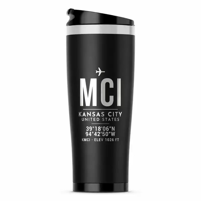Kansas City International Airport (MCI) Travel Mugs - ID Tag - Stainless Steel (No Holder) - Black