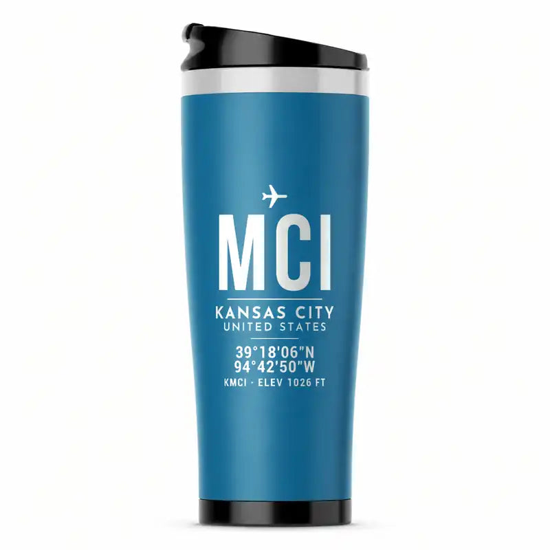 Kansas City International Airport (MCI) Travel Mugs - ID Tag - Stainless Steel (No Holder) - Light Blue