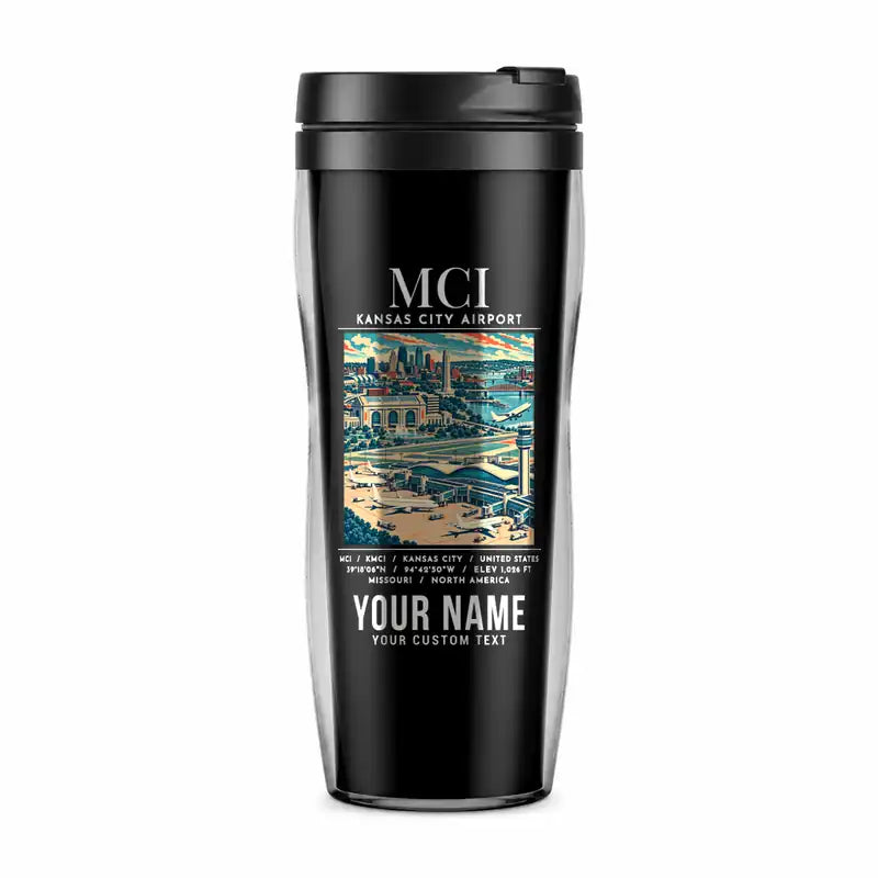 Kansas City International Airport (MCI) Travel Mugs - Poster + Name - Plastic (No Holder) - Black