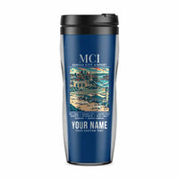 Thumbnail for Kansas City International Airport (MCI) Travel Mugs - Poster + Name - Plastic (No Holder) - Blue
