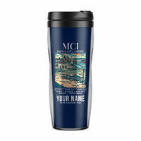 Thumbnail for Kansas City International Airport (MCI) Travel Mugs - Poster + Name - Plastic (No Holder) - Dark Blue