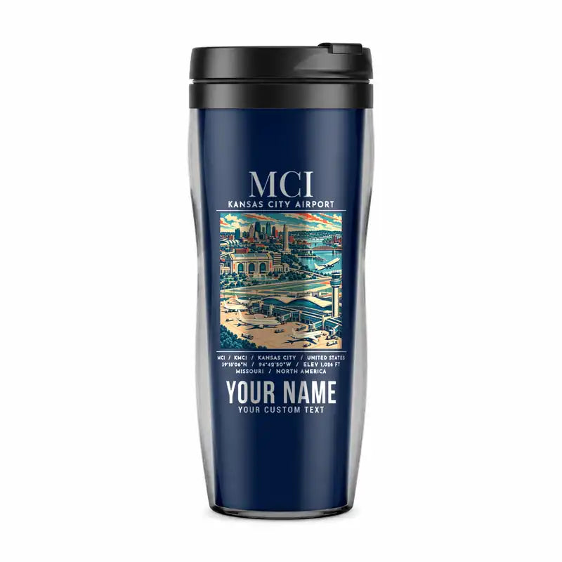 Kansas City International Airport (MCI) Travel Mugs - Poster + Name - Plastic (No Holder) - Dark Blue