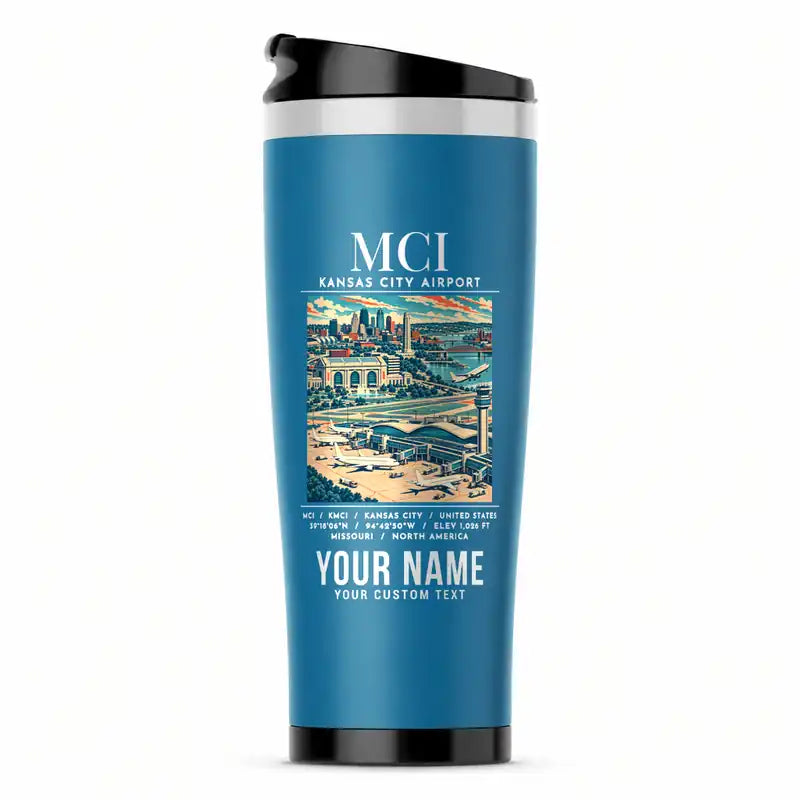 Kansas City International Airport (MCI) Travel Mugs - Poster + Name - Stainless Steel (No Holder) - Light Blue