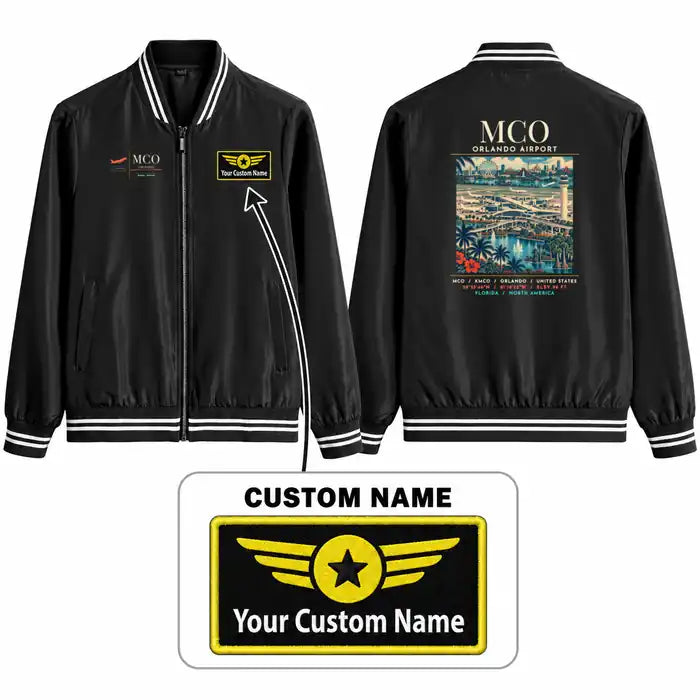 Orlando International Airport (MCO) Stylish Jackets - Baseball Collar - Poster + Name - Black