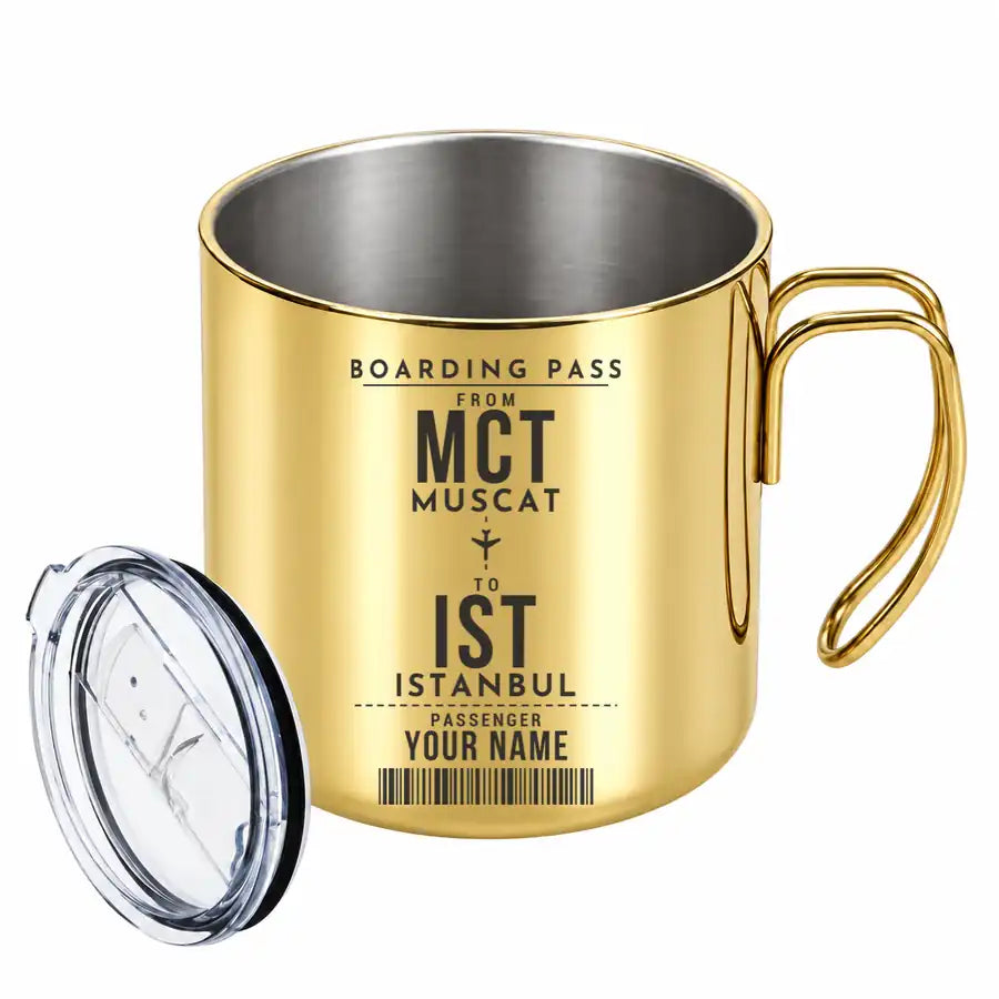 Muscat International Airport (MCT) Stainless Steel Mugs - Customizable Boarding Pass - Portable Mug - Gold