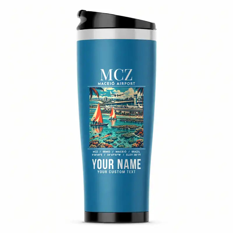 Maceió Zumbi dos Palmares International Airport (MCZ) Travel Mugs - Poster + Name - Stainless Steel (No Holder) - Light Blue