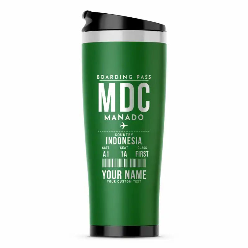 Sam Ratulangi International Airport Manado (MDC) Travel Mugs - Boarding Pass + Name - Stainless Steel (No Holder) - Green