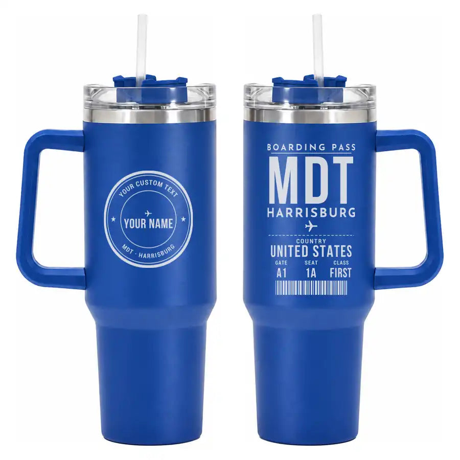 Harrisburg International Airport (MDT) Stainless Steel Mugs - Boarding Pass + Custom Back - 40oz Car Mug - Blue