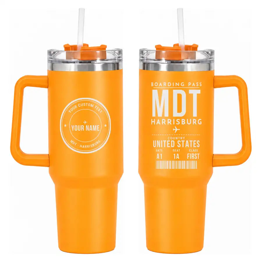 Harrisburg International Airport (MDT) Stainless Steel Mugs - Boarding Pass + Custom Back - 40oz Car Mug - Orange