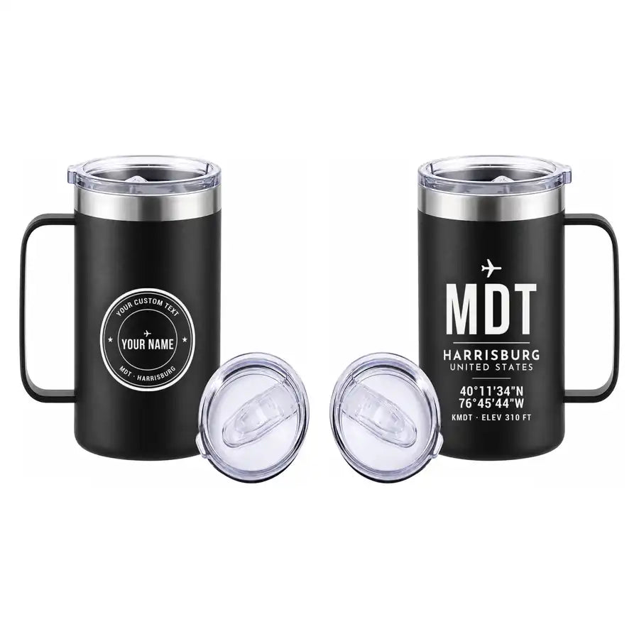 Harrisburg International Airport (MDT) Stainless Steel Mugs - ID Tag + Custom Back - Stainless Steel Mug - 24 oz / 700ML - Black
