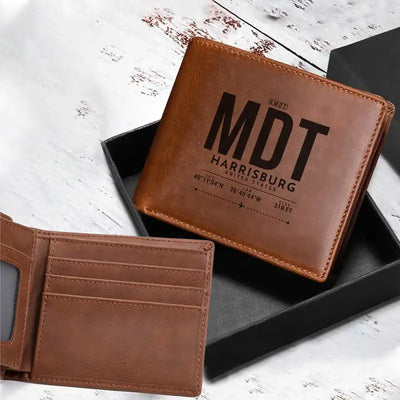 Harrisburg International Airport (MDT) Leather Wallets - Laser Leather Wallet - Tag